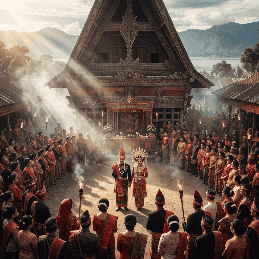 Upacara pernikahan adat Batak dengan pakaian tradisional lengkap